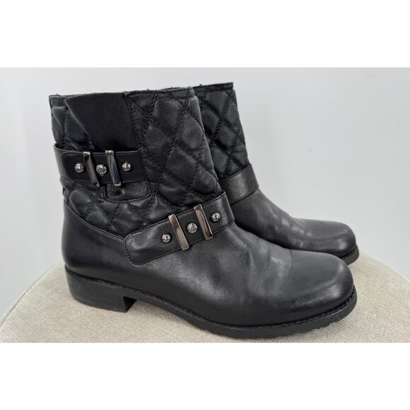 Stuart Weitzman Download Black Quilted Moto Boots Ankle Buckle Low Heel 6 - Picture 1 of 6